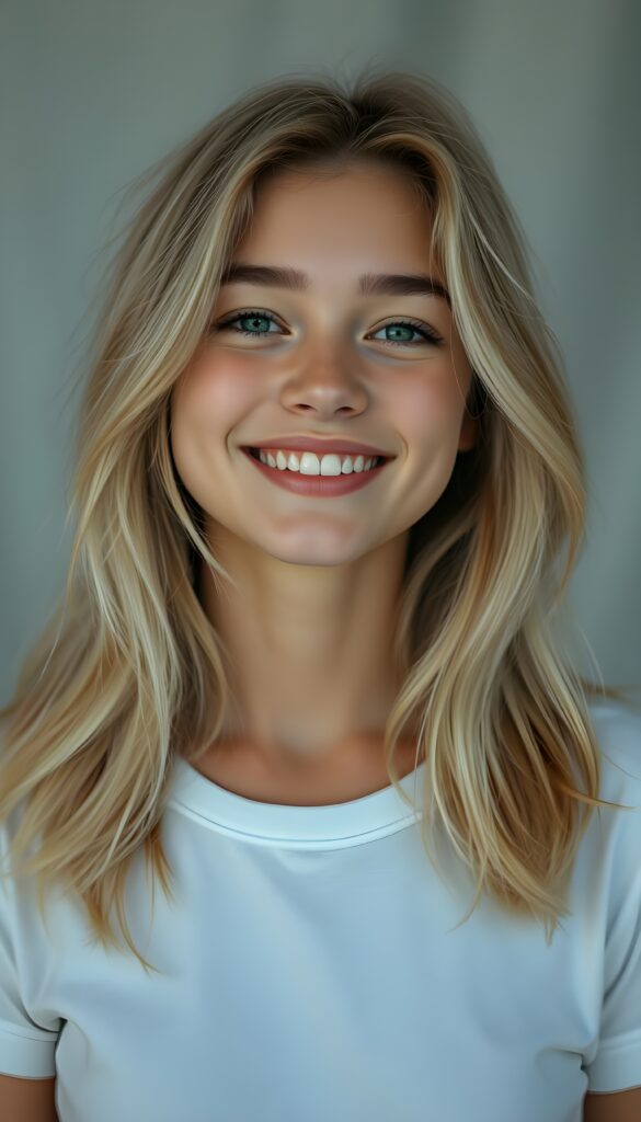 A cheerful portrait of a young, attractive young girl. She has golden-blonde, thick, voluminous, straight shoulder-length hair. Her hair falls gently over her shoulders. Her head is tilted slightly. She has white teeth and full, natural lips. Her skin is natural, flawless, and soft. She has a small nose. Her face is round and perfectly symmetrical. The picture radiates absolute peace. The background is a gray-white canvas. Her big round eyes reflect the light and shine emerald green. She is wearing a simple white T-shirt that perfectly accentuates her feminine curves.