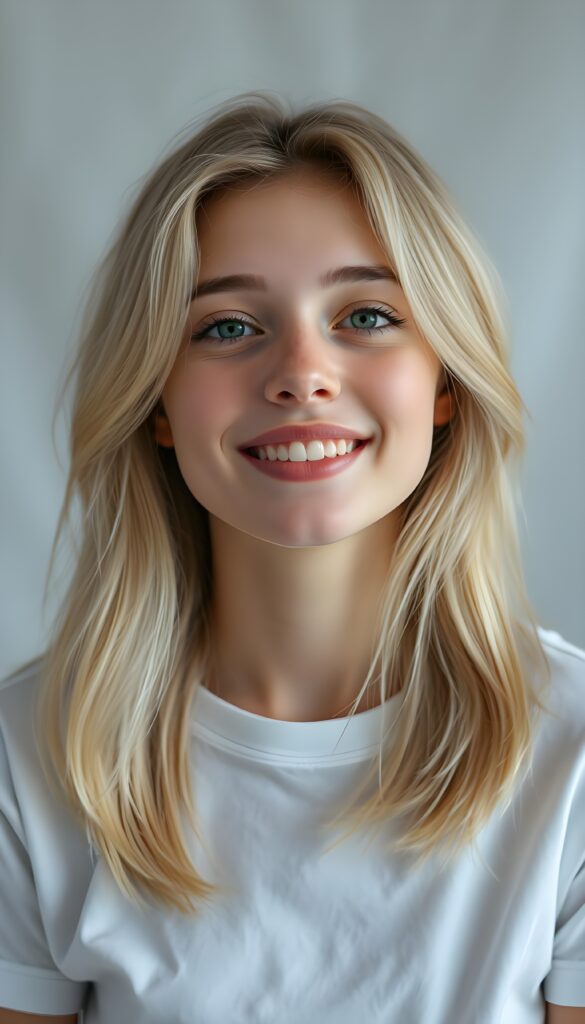 A cheerful portrait of a young, attractive young girl. She has golden-blonde, thick, voluminous, straight shoulder-length hair. Her hair falls gently over her shoulders. Her head is tilted slightly. She has white teeth and full, natural lips. Her skin is natural, flawless, and soft. She has a small nose. Her face is round and perfectly symmetrical. The picture radiates absolute peace. The background is a gray-white canvas. Her big round eyes reflect the light and shine emerald green. She is wearing a simple white T-shirt that perfectly accentuates her feminine curves.