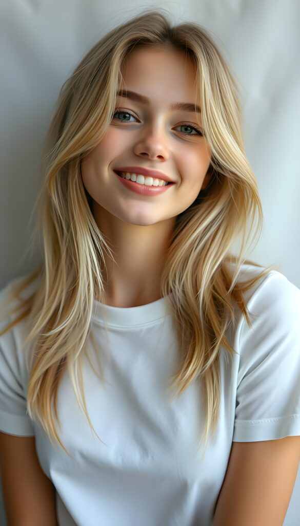 A cheerful portrait of a young, attractive young girl. She has golden-blonde, thick, voluminous, straight shoulder-length hair. Her hair falls gently over her shoulders. Her head is tilted slightly. She has white teeth and full, natural lips. Her skin is natural, flawless, and soft. She has a small nose. Her face is round and perfectly symmetrical. The picture radiates absolute peace. The background is a gray-white canvas. Her big round eyes reflect the light and shine emerald green. She is wearing a simple white T-shirt that perfectly accentuates her feminine curves.