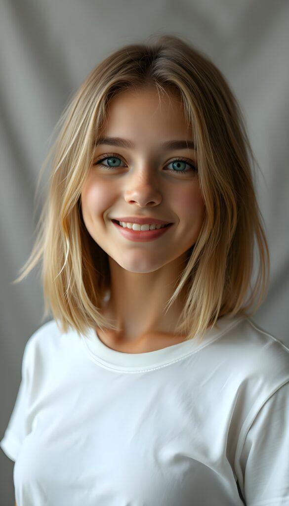 A cheerful portrait of a young, attractive young girl. She has golden-blonde, thick, voluminous, straight shoulder-length hair. Her hair falls gently over her shoulders. Her head is tilted slightly. She has white teeth and full, natural lips. Her skin is natural, flawless, and soft. She has a small nose. Her face is round and perfectly symmetrical. The picture radiates absolute peace. The background is a gray-white canvas. Her big round eyes reflect the light and shine emerald green. She is wearing a simple white T-shirt that perfectly accentuates her feminine curves.