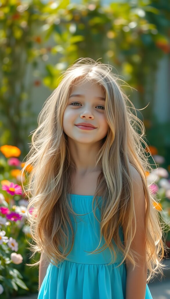 A cheerful, young girl with long, flowing soft hair, wearing a bright blue dress, playfully pouts her lips. The background features a sunny day, with vibrant greenery and colorful flowers surrounding her. The scene is lit by warm, golden sunlight, creating a lively and joyful atmosphere, while soft, pastel colors dominate the palette.