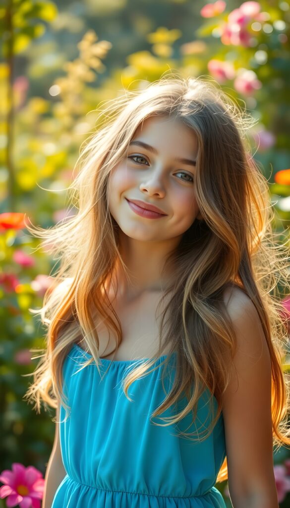 A cheerful, young girl with long, flowing soft hair, wearing a bright blue dress, playfully pouts her lips. The background features a sunny day, with vibrant greenery and colorful flowers surrounding her. The scene is lit by warm, golden sunlight, creating a lively and joyful atmosphere, while soft, pastel colors dominate the palette.