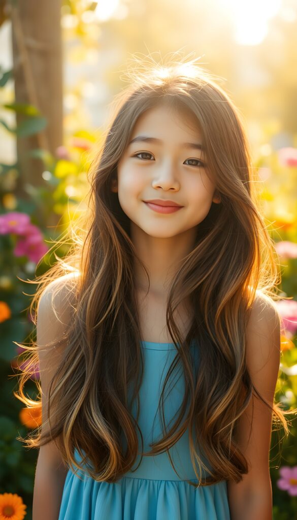 A cheerful, young girl with long, flowing soft hair, wearing a bright blue dress, playfully pouts her lips. The background features a sunny day, with vibrant greenery and colorful flowers surrounding her. The scene is lit by warm, golden sunlight, creating a lively and joyful atmosphere, while soft, pastel colors dominate the palette.