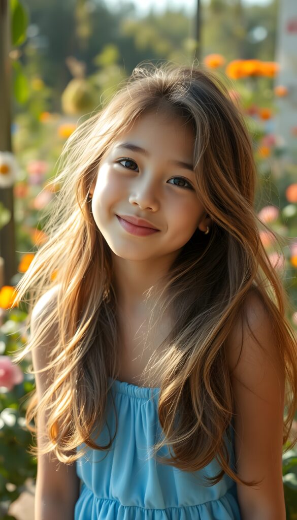 A cheerful, young girl with long, flowing soft hair, wearing a bright blue dress, playfully pouts her lips. The background features a sunny day, with vibrant greenery and colorful flowers surrounding her. The scene is lit by warm, golden sunlight, creating a lively and joyful atmosphere, while soft, pastel colors dominate the palette.