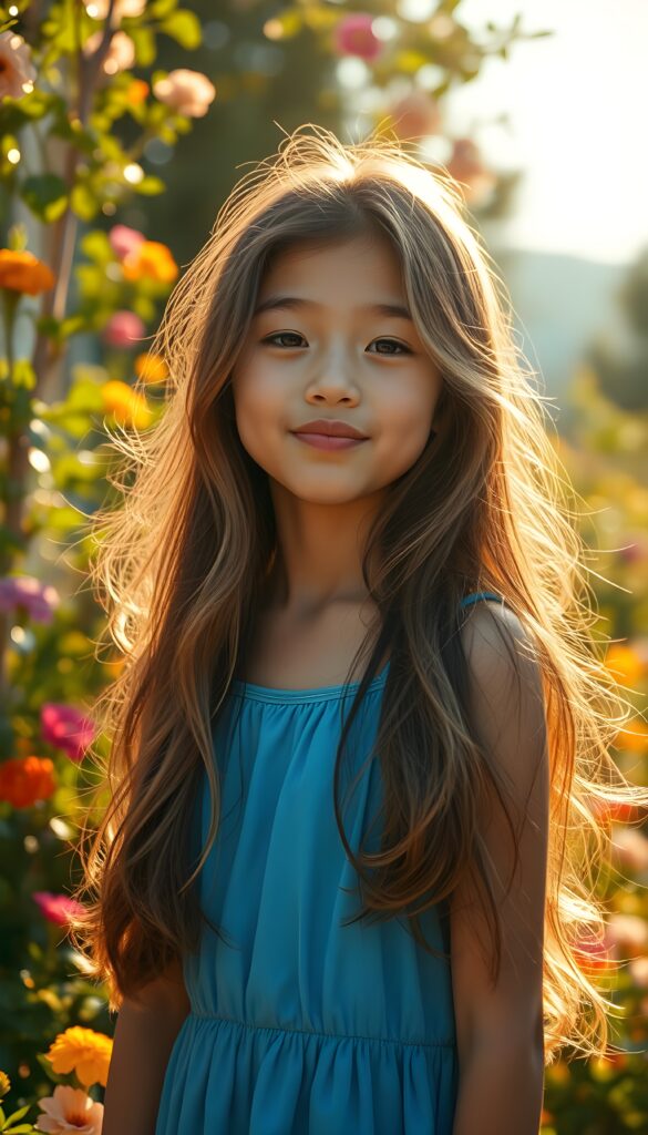 A cheerful, young girl with long, flowing soft hair, wearing a bright blue dress, playfully pouts her lips. The background features a sunny day, with vibrant greenery and colorful flowers surrounding her. The scene is lit by warm, golden sunlight, creating a lively and joyful atmosphere, while soft, pastel colors dominate the palette.