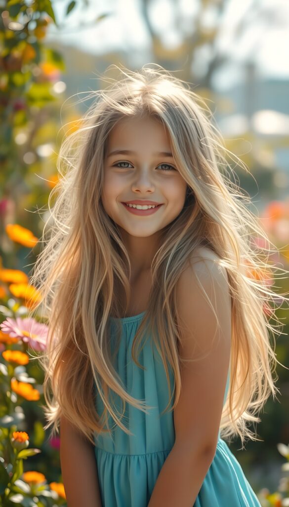A cheerful, young girl with long, flowing soft hair, wearing a bright blue dress, playfully pouts her lips. The background features a sunny day, with vibrant greenery and colorful flowers surrounding her. The scene is lit by warm, golden sunlight, creating a lively and joyful atmosphere, while soft, pastel colors dominate the palette.