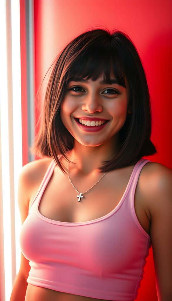 A cheerful young Latina girl with a voluminous, rounded chest, long dark straight hair styled in a shoulder-length bob cut, and warm, tanned skin, wearing a white cropped tank top with a deep scoop neck and a silver cross necklace, stands joyfully against a vibrant neon red backdrop. Her radiant smile and sparkling eyes express happiness and positivity. The bright colors and dynamic lighting create a lively and energetic atmosphere, accentuating her playful and spirited demeanor.