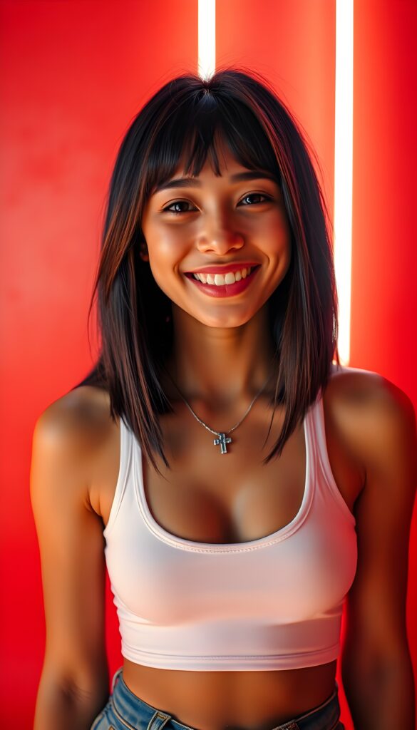 A cheerful young Latina girl with a voluminous, rounded chest, long dark straight hair styled in a shoulder-length bob cut, and warm, tanned skin, wearing a white cropped tank top with a deep scoop neck and a silver cross necklace, stands joyfully against a vibrant neon red backdrop. Her radiant smile and sparkling eyes express happiness and positivity. The bright colors and dynamic lighting create a lively and energetic atmosphere, accentuating her playful and spirited demeanor.
