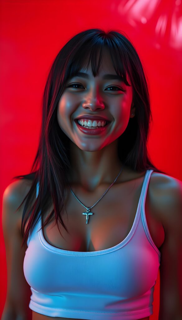 A cheerful young Latina girl with a voluminous, rounded chest, long dark straight hair styled in a shoulder-length bob cut, and warm, tanned skin, wearing a white cropped tank top with a deep scoop neck and a silver cross necklace, stands joyfully against a vibrant neon red backdrop. Her radiant smile and sparkling eyes express happiness and positivity. The bright colors and dynamic lighting create a lively and energetic atmosphere, accentuating her playful and spirited demeanor.