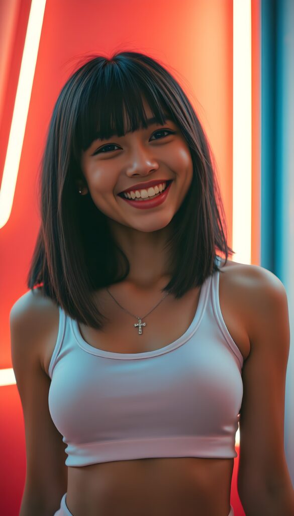 A cheerful young Latina girl with a voluminous, rounded chest, long dark straight hair styled in a shoulder-length bob cut, and warm, tanned skin, wearing a white cropped tank top with a deep scoop neck and a silver cross necklace, stands joyfully against a vibrant neon red backdrop. Her radiant smile and sparkling eyes express happiness and positivity. The bright colors and dynamic lighting create a lively and energetic atmosphere, accentuating her playful and spirited demeanor.