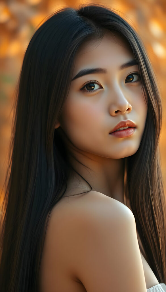 A cinematic portrait of a stunning Burmese teenager, 18 years old, with long, straight, glossy black hair cascading over her shoulders. She has a perfectly round, angelic face with a radiant complexion and expressive, realistic hazelnut eyes that sparkle with innocence. The lighting is soft and golden, highlighting her delicate features and perfect curves. She is posed in a side perspective, her gaze softly directed at the viewer, evoking a sense of serene beauty and grace. The background is a dreamy, blurred bokeh of warm autumn leaves, enhancing the ethereal and captivating atmosphere.