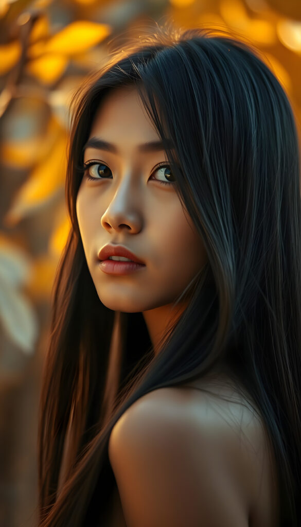 A cinematic portrait of a stunning Burmese teenager, 18 years old, with long, straight, glossy black hair cascading over her shoulders. She has a perfectly round, angelic face with a radiant complexion and expressive, realistic hazelnut eyes that sparkle with innocence. The lighting is soft and golden, highlighting her delicate features and perfect curves. She is posed in a side perspective, her gaze softly directed at the viewer, evoking a sense of serene beauty and grace. The background is a dreamy, blurred bokeh of warm autumn leaves, enhancing the ethereal and captivating atmosphere.