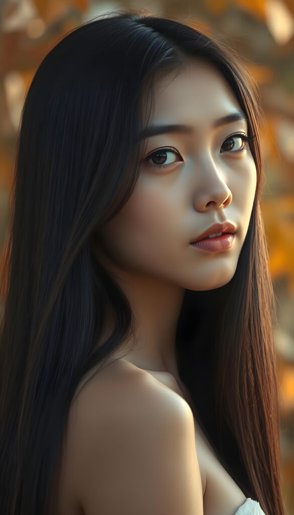 A cinematic portrait of a stunning Burmese teenager, 18 years old, with long, straight, glossy black hair cascading over her shoulders. She has a perfectly round, angelic face with a radiant complexion and expressive, realistic hazelnut eyes that sparkle with innocence. The lighting is soft and golden, highlighting her delicate features and perfect curves. She is posed in a side perspective, her gaze softly directed at the viewer, evoking a sense of serene beauty and grace. The background is a dreamy, blurred bokeh of warm autumn leaves, enhancing the ethereal and captivating atmosphere.