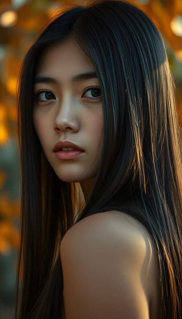 A cinematic portrait of a stunning Burmese teenager, 18 years old, with long, straight, glossy black hair cascading over her shoulders. She has a perfectly round, angelic face with a radiant complexion and expressive, realistic hazelnut eyes that sparkle with innocence. The lighting is soft and golden, highlighting her delicate features and perfect curves. She is posed in a side perspective, her gaze softly directed at the viewer, evoking a sense of serene beauty and grace. The background is a dreamy, blurred bokeh of warm autumn leaves, enhancing the ethereal and captivating atmosphere.
