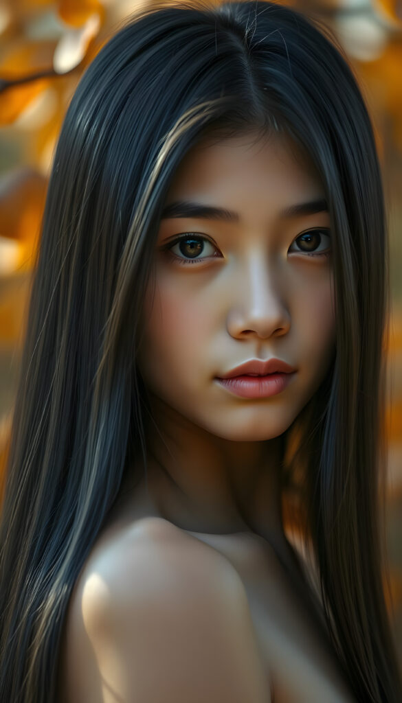 A cinematic portrait of a stunning Burmese teenager, 18 years old, with long, straight, glossy black hair cascading over her shoulders. She has a perfectly round, angelic face with a radiant complexion and expressive, realistic hazelnut eyes that sparkle with innocence. The lighting is soft and golden, highlighting her delicate features and perfect curves. She is posed in a side perspective, her gaze softly directed at the viewer, evoking a sense of serene beauty and grace. The background is a dreamy, blurred bokeh of warm autumn leaves, enhancing the ethereal and captivating atmosphere.