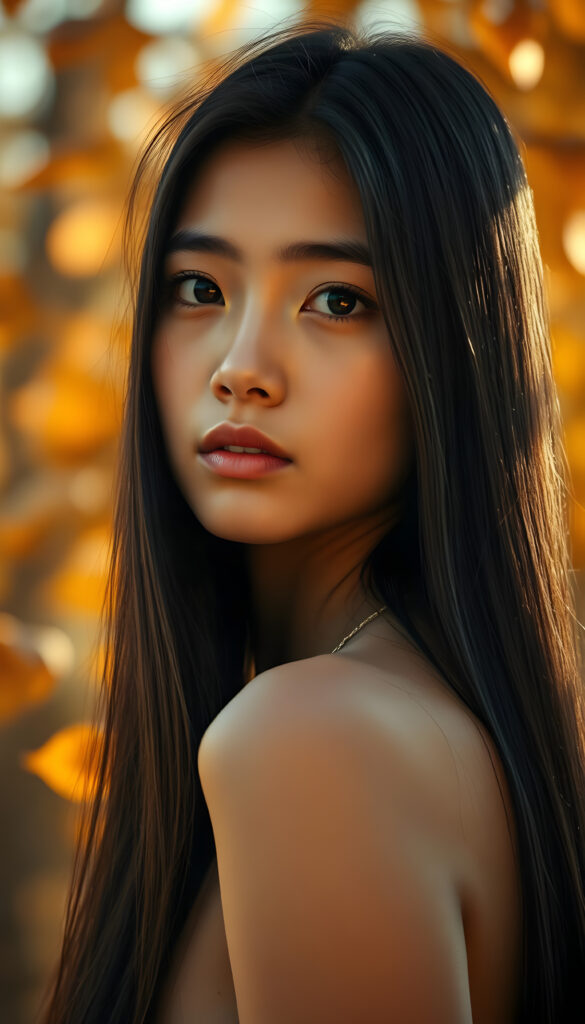 A cinematic portrait of a stunning Burmese teenager, 18 years old, with long, straight, glossy black hair cascading over her shoulders. She has a perfectly round, angelic face with a radiant complexion and expressive, realistic hazelnut eyes that sparkle with innocence. The lighting is soft and golden, highlighting her delicate features and perfect curves. She is posed in a side perspective, her gaze softly directed at the viewer, evoking a sense of serene beauty and grace. The background is a dreamy, blurred bokeh of warm autumn leaves, enhancing the ethereal and captivating atmosphere.