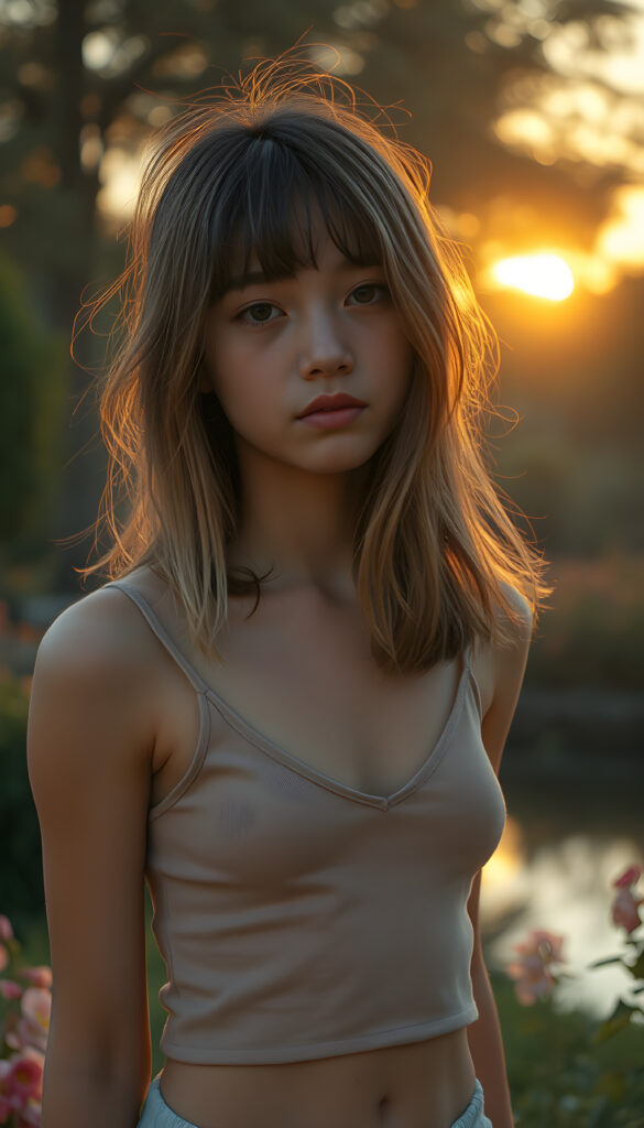 A cinematic scene featuring a young teen girl with a side-perspective hairstyle adorned with bangs and flowing light brown hair. She has an angelically perfect facial structure and wears a super short, plain fine tank top, deep v-neck. The backdrop is a softly glowing, side-perspective sunset, casting a warm, golden hue over the landscape. The scene is set in a tranquil garden with lush greenery, flowers, and a serene pond reflecting the sunset. The overall atmosphere is peaceful and dreamy, with soft lighting and a harmonious color palette.