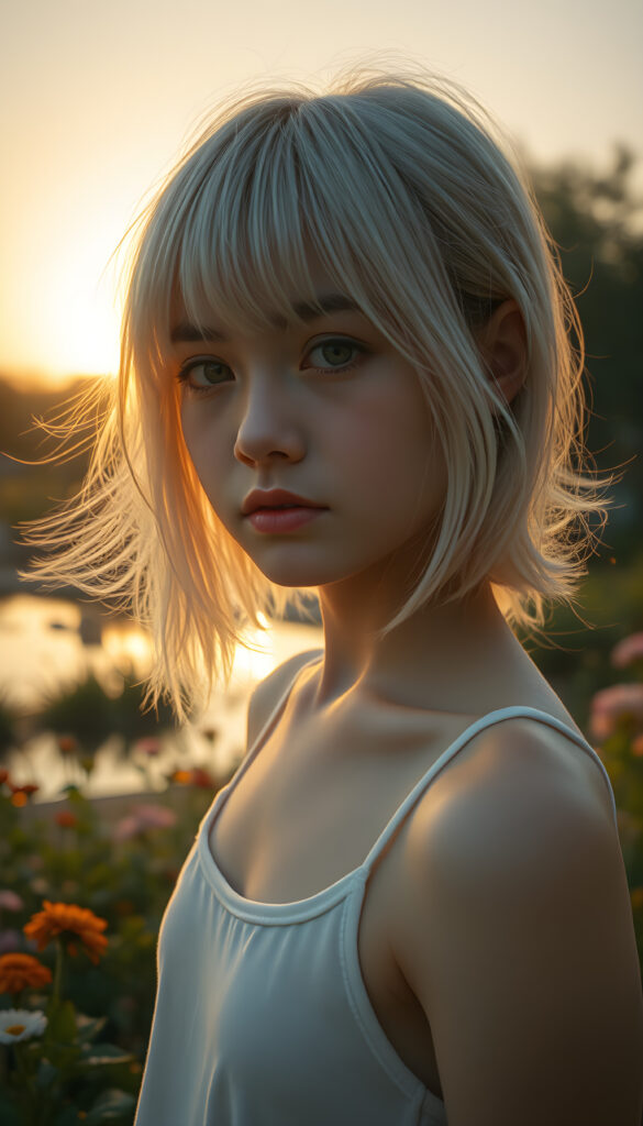 A cinematic scene featuring a young girl with a side-perspective hairstyle adorned with bangs and flowing white hair. She has an angelically perfect facial structure and wears a super short, plain fine tank top. The backdrop is a softly glowing, side-perspective sunset, casting a warm, golden hue over the landscape. The scene is set in a tranquil garden with lush greenery, flowers, and a serene pond reflecting the sunset. The overall atmosphere is peaceful and dreamy, with soft lighting and a harmonious color palette.