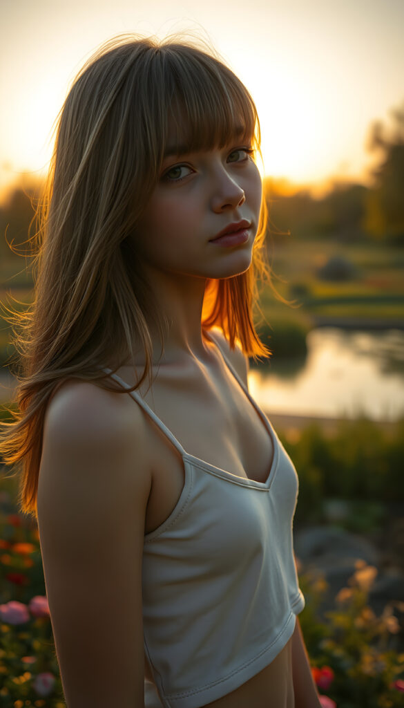 A cinematic scene featuring a young teen girl with a side-perspective hairstyle adorned with bangs and flowing light brown hair. She has an angelically perfect facial structure and wears a super short, plain fine tank top, deep v-neck. The backdrop is a softly glowing, side-perspective sunset, casting a warm, golden hue over the landscape. The scene is set in a tranquil garden with lush greenery, flowers, and a serene pond reflecting the sunset. The overall atmosphere is peaceful and dreamy, with soft lighting and a harmonious color palette.