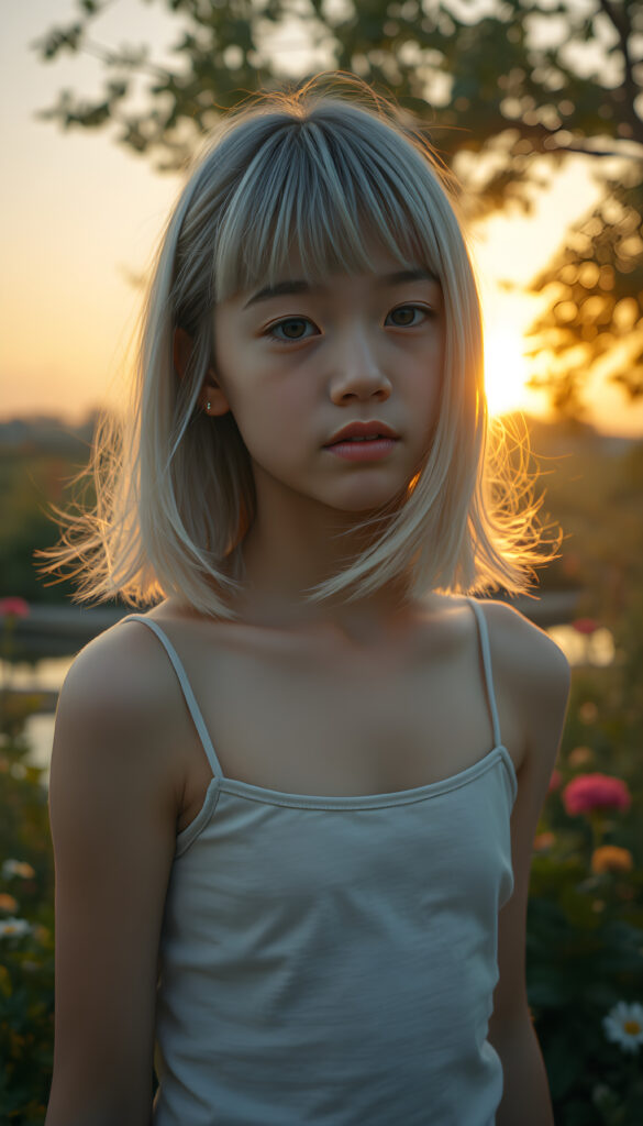 A cinematic scene featuring a young girl with a side-perspective hairstyle adorned with bangs and flowing white hair. She has an angelically perfect facial structure and wears a super short, plain fine tank top. The backdrop is a softly glowing, side-perspective sunset, casting a warm, golden hue over the landscape. The scene is set in a tranquil garden with lush greenery, flowers, and a serene pond reflecting the sunset. The overall atmosphere is peaceful and dreamy, with soft lighting and a harmonious color palette.