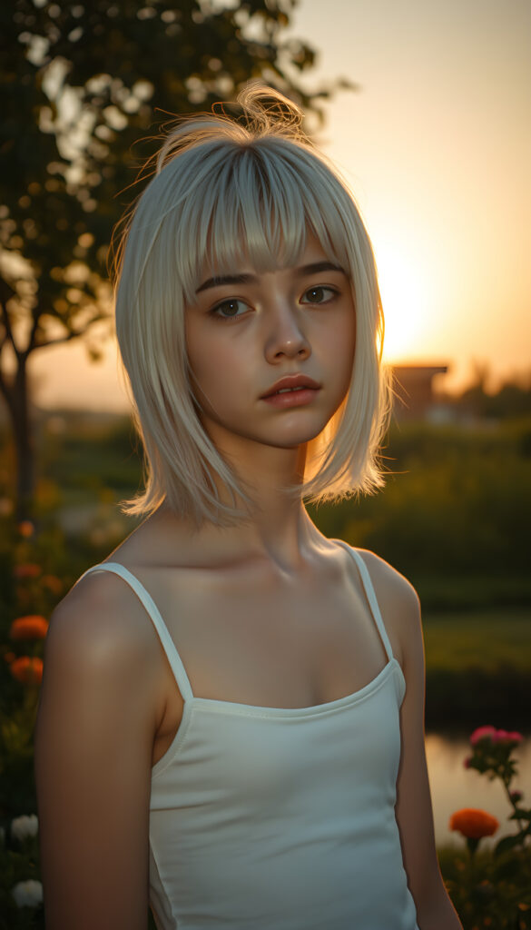 A cinematic scene featuring a young girl with a side-perspective hairstyle adorned with bangs and flowing white hair. She has an angelically perfect facial structure and wears a super short, plain fine tank top. The backdrop is a softly glowing, side-perspective sunset, casting a warm, golden hue over the landscape. The scene is set in a tranquil garden with lush greenery, flowers, and a serene pond reflecting the sunset. The overall atmosphere is peaceful and dreamy, with soft lighting and a harmonious color palette.
