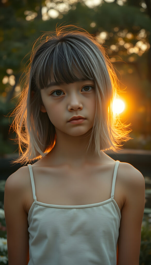 A cinematic scene featuring a young girl with a side-perspective hairstyle adorned with bangs and flowing white hair. She has an angelically perfect facial structure and wears a super short, plain fine tank top. The backdrop is a softly glowing, side-perspective sunset, casting a warm, golden hue over the landscape. The scene is set in a tranquil garden with lush greenery, flowers, and a serene pond reflecting the sunset. The overall atmosphere is peaceful and dreamy, with soft lighting and a harmonious color palette.