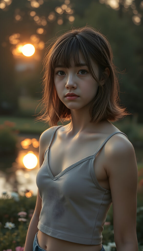 A cinematic scene featuring a young teen girl with a side-perspective hairstyle adorned with bangs and flowing light brown hair. She has an angelically perfect facial structure and wears a super short, plain fine tank top, deep v-neck. The backdrop is a softly glowing, side-perspective sunset, casting a warm, golden hue over the landscape. The scene is set in a tranquil garden with lush greenery, flowers, and a serene pond reflecting the sunset. The overall atmosphere is peaceful and dreamy, with soft lighting and a harmonious color palette.