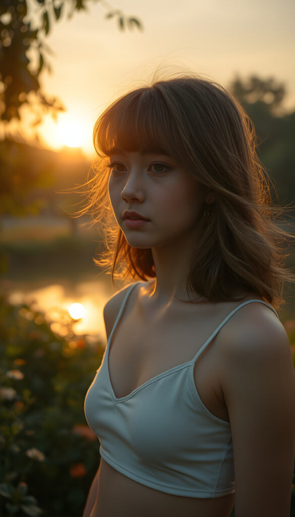 A cinematic scene featuring a young teen girl with a side-perspective hairstyle adorned with bangs and flowing light brown hair. She has an angelically perfect facial structure and wears a super short, plain fine tank top, deep v-neck. The backdrop is a softly glowing, side-perspective sunset, casting a warm, golden hue over the landscape. The scene is set in a tranquil garden with lush greenery, flowers, and a serene pond reflecting the sunset. The overall atmosphere is peaceful and dreamy, with soft lighting and a harmonious color palette.