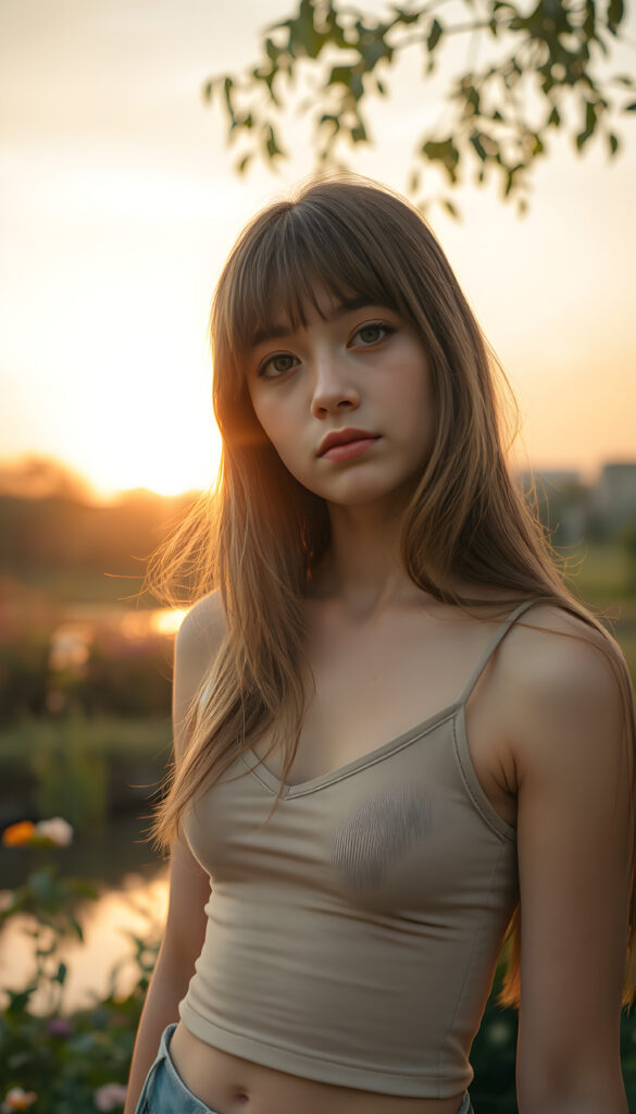 A cinematic scene featuring a young teen girl with a side-perspective hairstyle adorned with bangs and flowing light brown hair. She has an angelically perfect facial structure and wears a super short, plain fine tank top, deep v-neck. The backdrop is a softly glowing, side-perspective sunset, casting a warm, golden hue over the landscape. The scene is set in a tranquil garden with lush greenery, flowers, and a serene pond reflecting the sunset. The overall atmosphere is peaceful and dreamy, with soft lighting and a harmonious color palette.