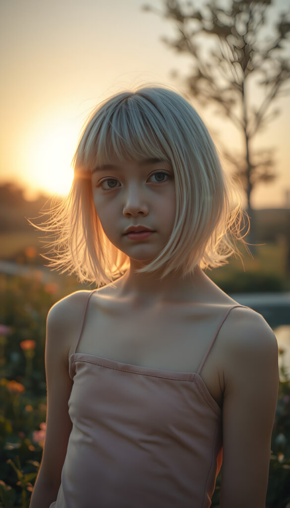 A cinematic scene featuring a young girl with a side-perspective hairstyle adorned with bangs and flowing white hair. She has an angelically perfect facial structure and wears a super short, plain fine tank top. The backdrop is a softly glowing, side-perspective sunset, casting a warm, golden hue over the landscape. The scene is set in a tranquil garden with lush greenery, flowers, and a serene pond reflecting the sunset. The overall atmosphere is peaceful and dreamy, with soft lighting and a harmonious color palette.