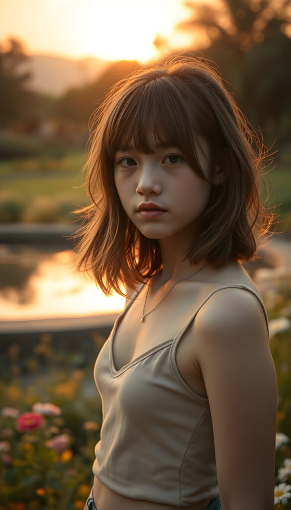 A cinematic scene featuring a young teen girl with a side-perspective hairstyle adorned with bangs and flowing light brown hair. She has an angelically perfect facial structure and wears a super short, plain fine tank top, deep v-neck. The backdrop is a softly glowing, side-perspective sunset, casting a warm, golden hue over the landscape. The scene is set in a tranquil garden with lush greenery, flowers, and a serene pond reflecting the sunset. The overall atmosphere is peaceful and dreamy, with soft lighting and a harmonious color palette.