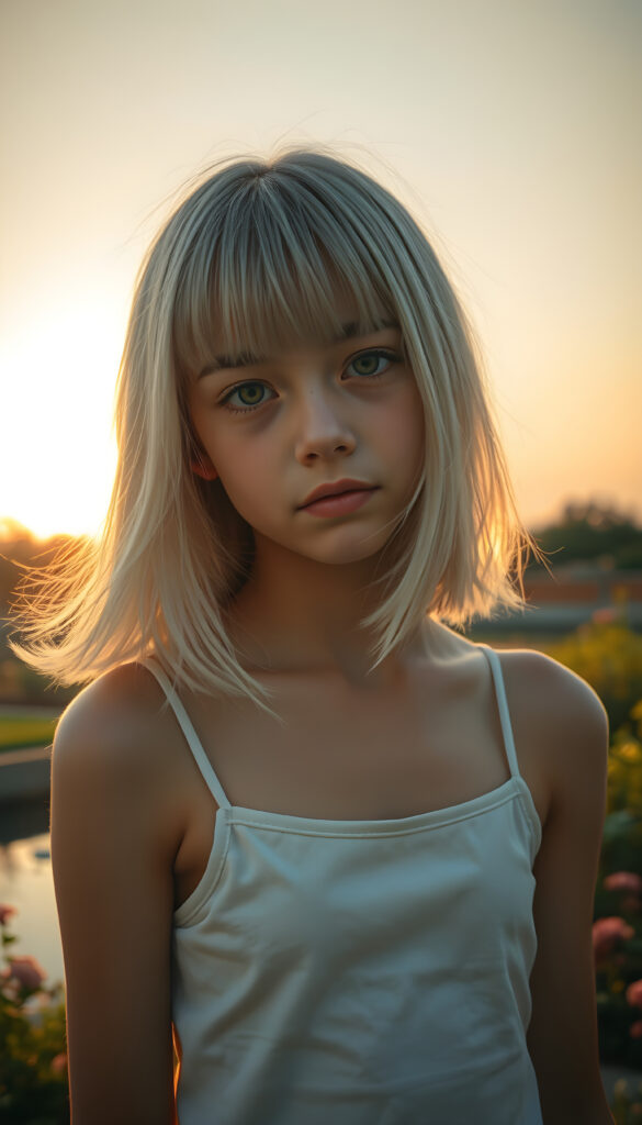 A cinematic scene featuring a young girl with a side-perspective hairstyle adorned with bangs and flowing white hair. She has an angelically perfect facial structure and wears a super short, plain fine tank top. The backdrop is a softly glowing, side-perspective sunset, casting a warm, golden hue over the landscape. The scene is set in a tranquil garden with lush greenery, flowers, and a serene pond reflecting the sunset. The overall atmosphere is peaceful and dreamy, with soft lighting and a harmonious color palette.