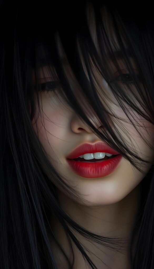 A close-up of a young woman’s face; she has jet-black, straight hair falling across her face, against a black background, with only her gentle face illuminated. She has full red lips and white teeth. Flawless silver skin. Her mouth is wide open, her eyes closed.