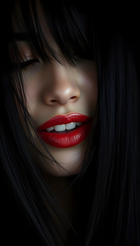 A close-up of a young woman’s face; she has jet-black, straight hair falling across her face, against a black background, with only her gentle face illuminated. She has full red lips and white teeth. Flawless silver skin. Her mouth is wide open, her eyes closed.