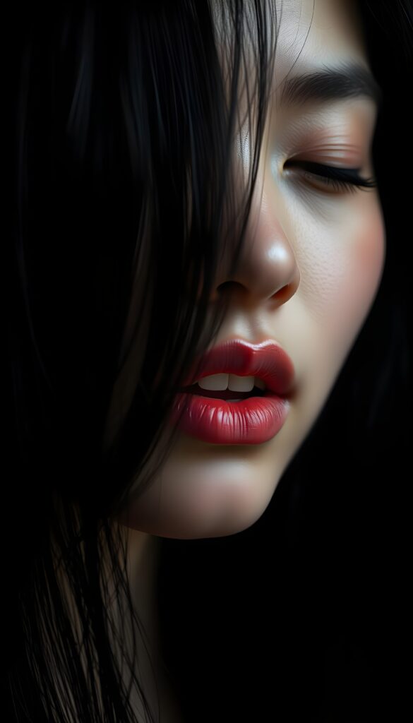 A close-up of a young woman’s face; she has jet-black, straight hair falling across her face, against a black background, with only her gentle face illuminated. She has full red lips and white teeth. Flawless silver skin. Her mouth is wide open, her eyes closed.