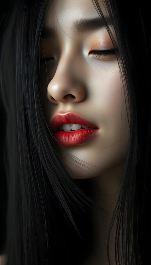 A close-up of a young woman’s face; she has jet-black, straight hair falling across her face, against a black background, with only her gentle face illuminated. She has full red lips and white teeth. Flawless silver skin. Her mouth is wide open, her eyes closed.