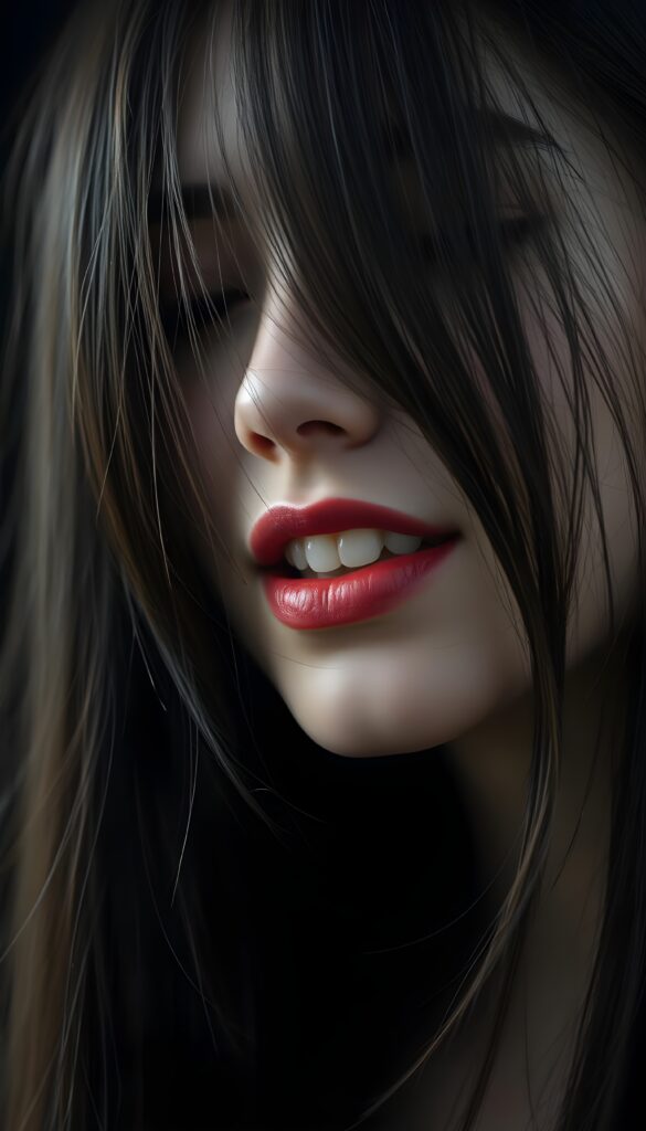 A close-up of a young woman’s face; she has jet-black, straight hair falling across her face, against a black background, with only her gentle face illuminated. She has full red lips and white teeth. Flawless silver skin. Her mouth is wide open, her eyes closed.