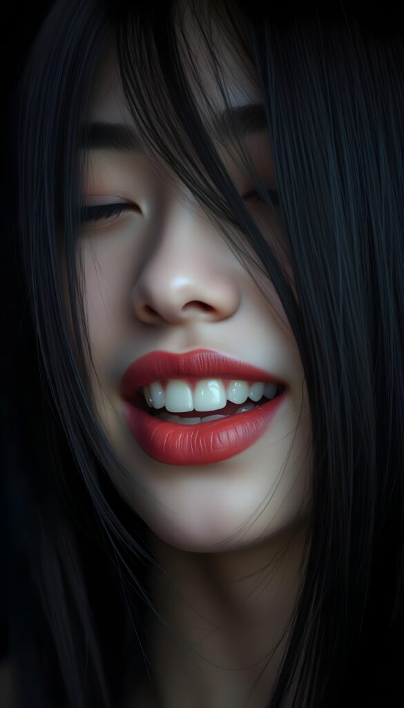 A close-up of a young woman’s face; she has jet-black, straight hair falling across her face, against a black background, with only her gentle face illuminated. She has full red lips and white teeth. Flawless silver skin. Her mouth is wide open, her eyes closed.