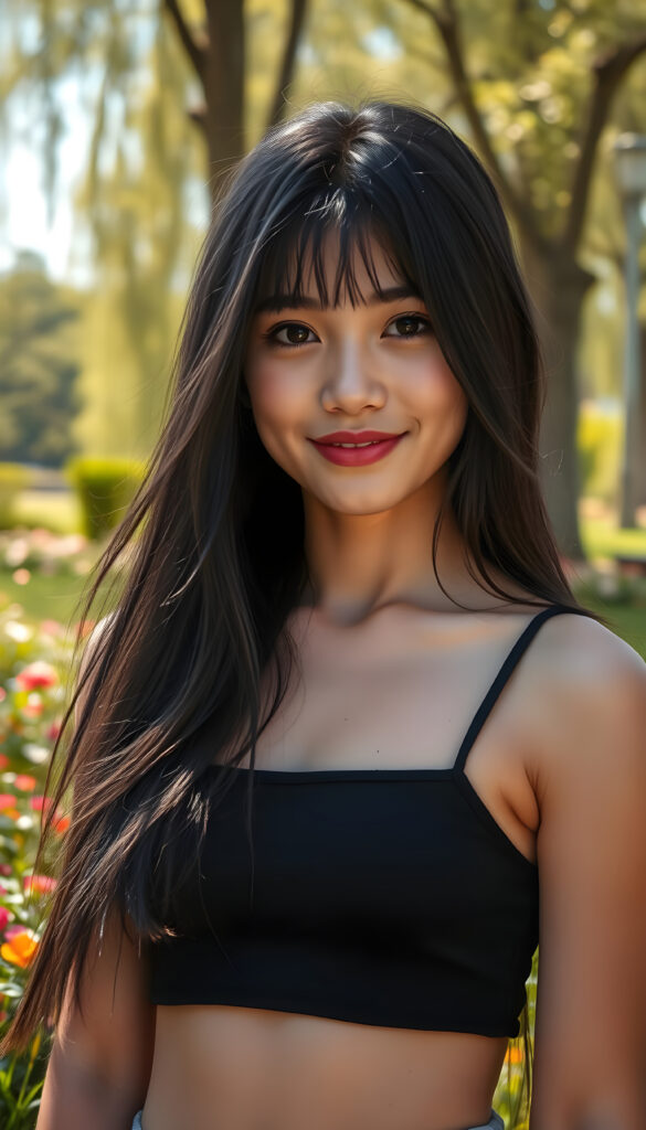 A young girl with long, flowing black hair and round, expressive eyes stands confidently in a vibrant, sunlit park. She wears a short, cropped black tank top that accentuates her perfect curves. Her full, kissable lips are slightly parted, revealing a warm smile. The background features lush green grass, colorful flowers, and tall trees with sunlight filtering through the leaves, casting a soft glow on her flawless skin. The scene is bright and cheerful, with a sense of playful energy and youthful charm.