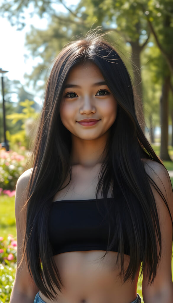 A close up photo show a young girl with long, flowing black hair and round, expressive eyes stands confidently in a vibrant, sunlit park. She wears a short, cropped black tank top that accentuates her perfect curves. Her full, kissable lips are slightly parted, revealing a warm smile. The background features lush green grass, colorful flowers, and tall trees with sunlight filtering through the leaves, casting a soft glow on her flawless skin. The scene is bright and cheerful, with a sense of playful energy and youthful charm