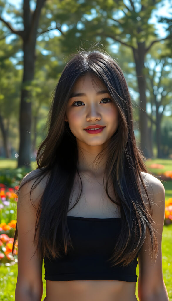 A close up photo show a young girl with long, flowing black hair and round, expressive eyes stands confidently in a vibrant, sunlit park. She wears a short, cropped black tank top that accentuates her perfect curves. Her full, kissable lips are slightly parted, revealing a warm smile. The background features lush green grass, colorful flowers, and tall trees with sunlight filtering through the leaves, casting a soft glow on her flawless skin. The scene is bright and cheerful, with a sense of playful energy and youthful charm