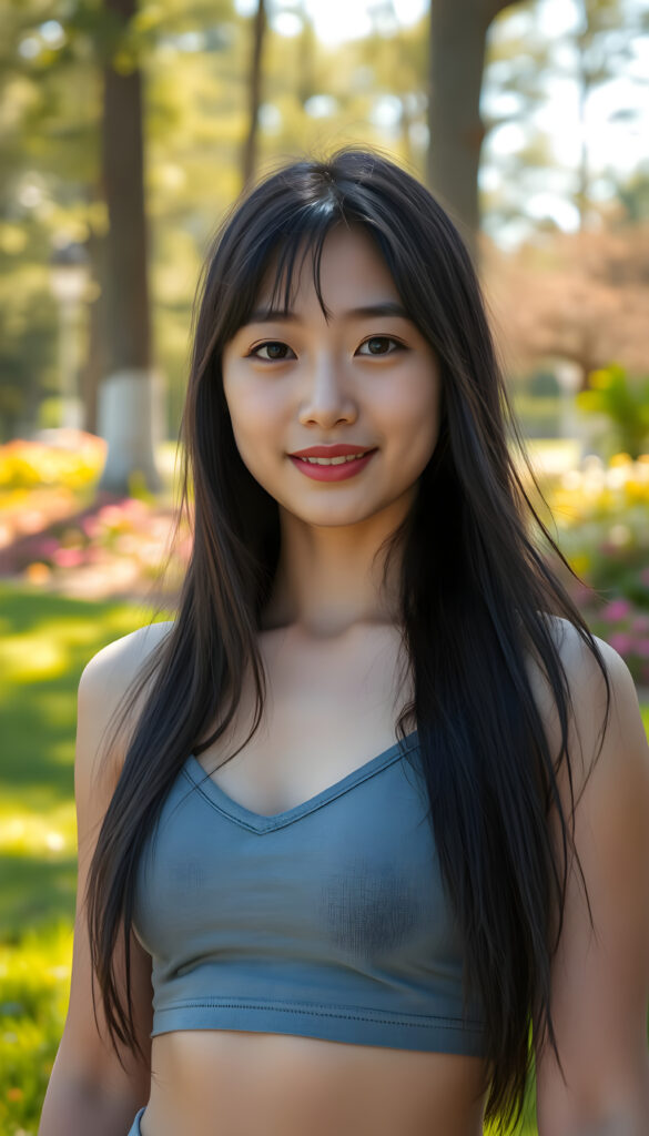 A close up photo show a young Asian girl with long, flowing black straight hair same length left and right and round, expressive eyes stands confidently in a vibrant, sunlit park. She wears a short, cropped grey tank top that accentuates her perfect curves, deep v-neck. Her full, kissable lips are slightly parted, revealing a warm smile. The background features lush green grass, colorful flowers, and tall trees with sunlight filtering through the leaves, casting a soft glow on her flawless skin. The scene is bright and cheerful, with a sense of playful energy and youthful charm.