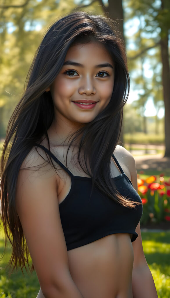 A young girl with long, flowing black hair and round, expressive eyes stands confidently in a vibrant, sunlit park. She wears a short, cropped black tank top that accentuates her perfect curves. Her full, kissable lips are slightly parted, revealing a warm smile. The background features lush green grass, colorful flowers, and tall trees with sunlight filtering through the leaves, casting a soft glow on her flawless skin. The scene is bright and cheerful, with a sense of playful energy and youthful charm.