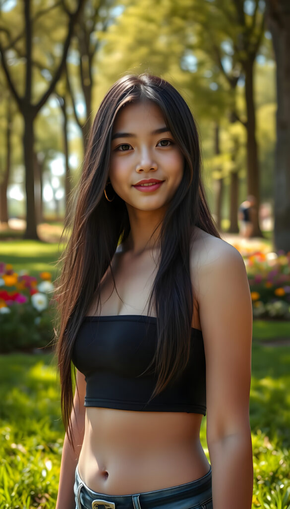 A young girl with long, flowing black hair and round, expressive eyes stands confidently in a vibrant, sunlit park. She wears a short, cropped black tank top that accentuates her perfect curves. Her full, kissable lips are slightly parted, revealing a warm smile. The background features lush green grass, colorful flowers, and tall trees with sunlight filtering through the leaves, casting a soft glow on her flawless skin. The scene is bright and cheerful, with a sense of playful energy and youthful charm.
