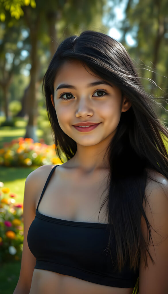 A close up photo show a young girl with long, flowing black hair and round, expressive eyes stands confidently in a vibrant, sunlit park. She wears a short, cropped black tank top that accentuates her perfect curves. Her full, kissable lips are slightly parted, revealing a warm smile. The background features lush green grass, colorful flowers, and tall trees with sunlight filtering through the leaves, casting a soft glow on her flawless skin. The scene is bright and cheerful, with a sense of playful energy and youthful charm