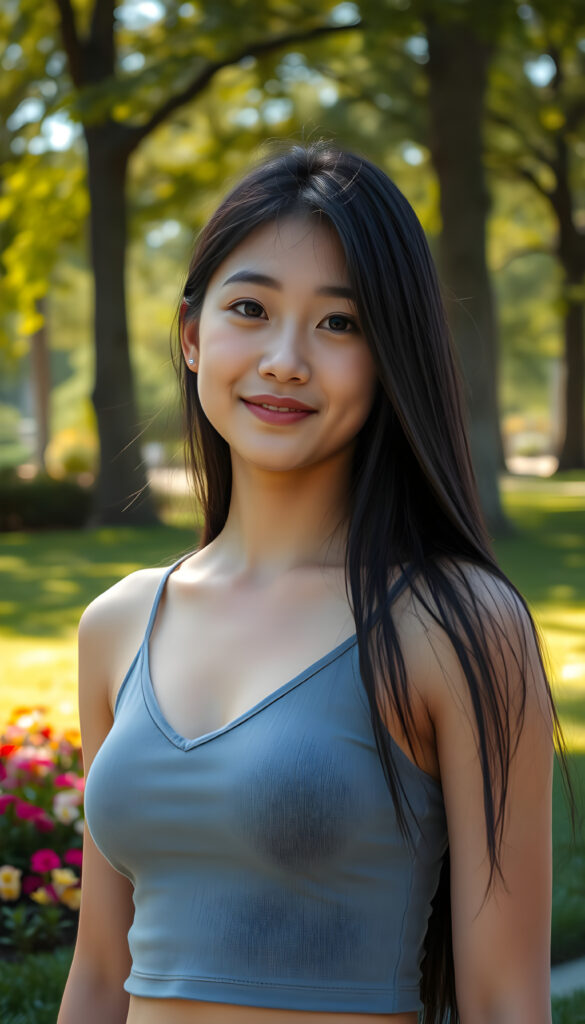A close up photo show a young Asian girl with long, flowing black straight hair same length left and right and round, expressive eyes stands confidently in a vibrant, sunlit park. She wears a short, cropped grey tank top that accentuates her perfect curves, deep v-neck. Her full, kissable lips are slightly parted, revealing a warm smile. The background features lush green grass, colorful flowers, and tall trees with sunlight filtering through the leaves, casting a soft glow on her flawless skin. The scene is bright and cheerful, with a sense of playful energy and youthful charm.