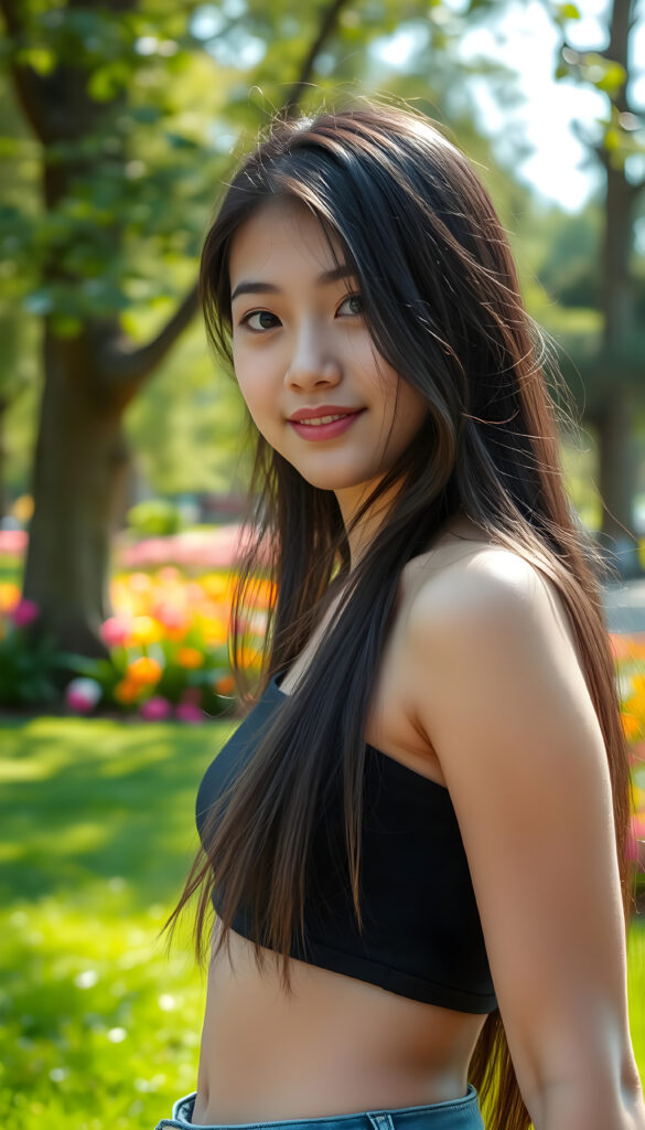 A young girl with long, flowing black hair and round, expressive eyes stands confidently in a vibrant, sunlit park. She wears a short, cropped black tank top that accentuates her perfect curves. Her full, kissable lips are slightly parted, revealing a warm smile. The background features lush green grass, colorful flowers, and tall trees with sunlight filtering through the leaves, casting a soft glow on her flawless skin. The scene is bright and cheerful, with a sense of playful energy and youthful charm.