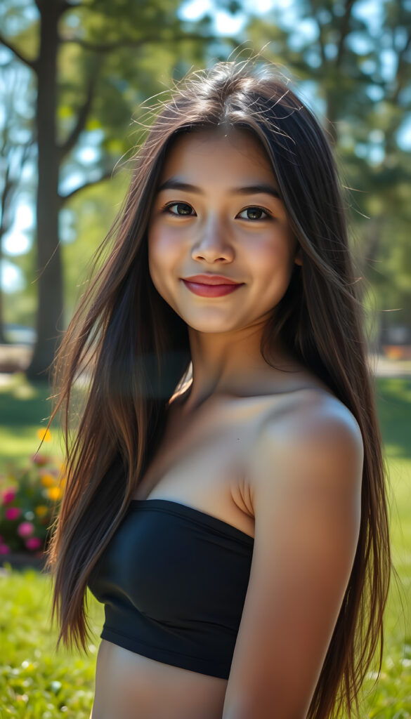A close up photo show a young girl with long, flowing black hair and round, expressive eyes stands confidently in a vibrant, sunlit park. She wears a short, cropped black tank top that accentuates her perfect curves. Her full, kissable lips are slightly parted, revealing a warm smile. The background features lush green grass, colorful flowers, and tall trees with sunlight filtering through the leaves, casting a soft glow on her flawless skin. The scene is bright and cheerful, with a sense of playful energy and youthful charm