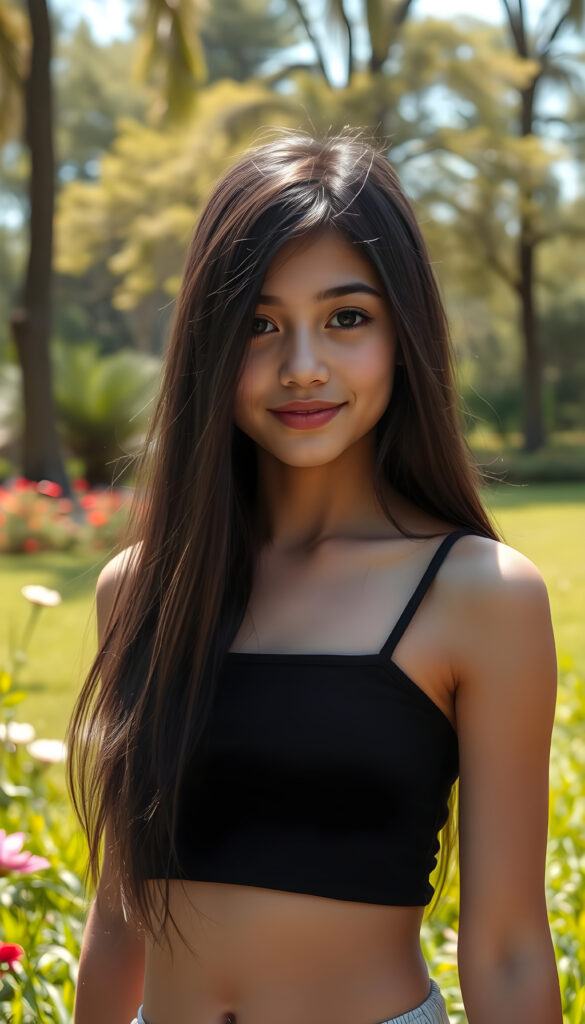 A young girl with long, flowing black hair and round, expressive eyes stands confidently in a vibrant, sunlit park. She wears a short, cropped black tank top that accentuates her perfect curves. Her full, kissable lips are slightly parted, revealing a warm smile. The background features lush green grass, colorful flowers, and tall trees with sunlight filtering through the leaves, casting a soft glow on her flawless skin. The scene is bright and cheerful, with a sense of playful energy and youthful charm.