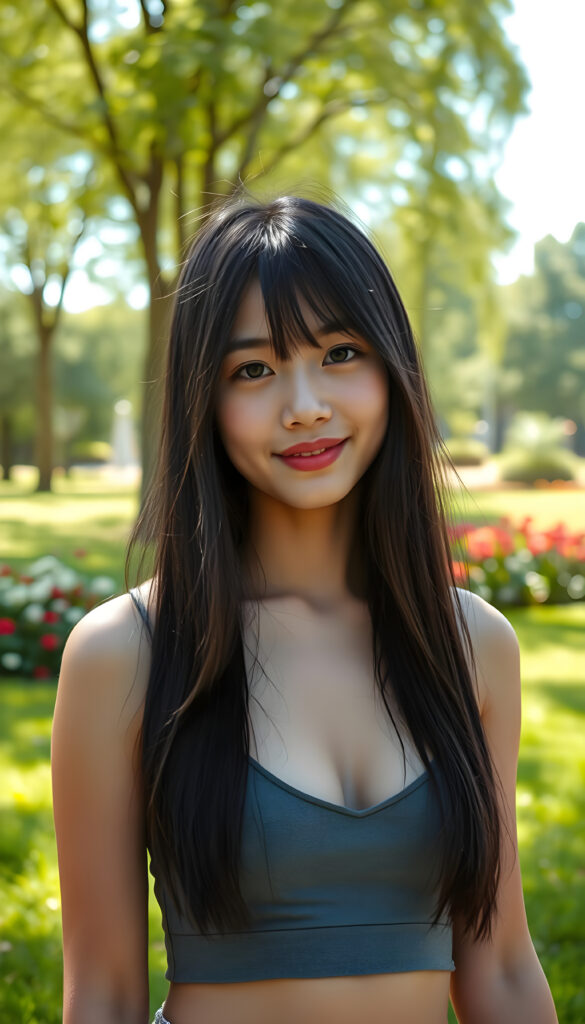 A close up photo show a young Asian girl with long, flowing black straight hair same length left and right and round, expressive eyes stands confidently in a vibrant, sunlit park. She wears a short, cropped grey tank top that accentuates her perfect curves, deep v-neck. Her full, kissable lips are slightly parted, revealing a warm smile. The background features lush green grass, colorful flowers, and tall trees with sunlight filtering through the leaves, casting a soft glow on her flawless skin. The scene is bright and cheerful, with a sense of playful energy and youthful charm.